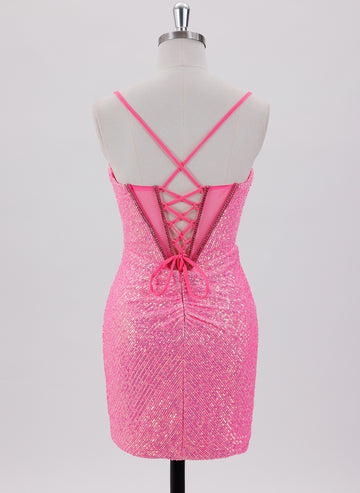 Sheath/Column Spaghetti Straps Short Sequin Homecoming Dress With Rhinestone
